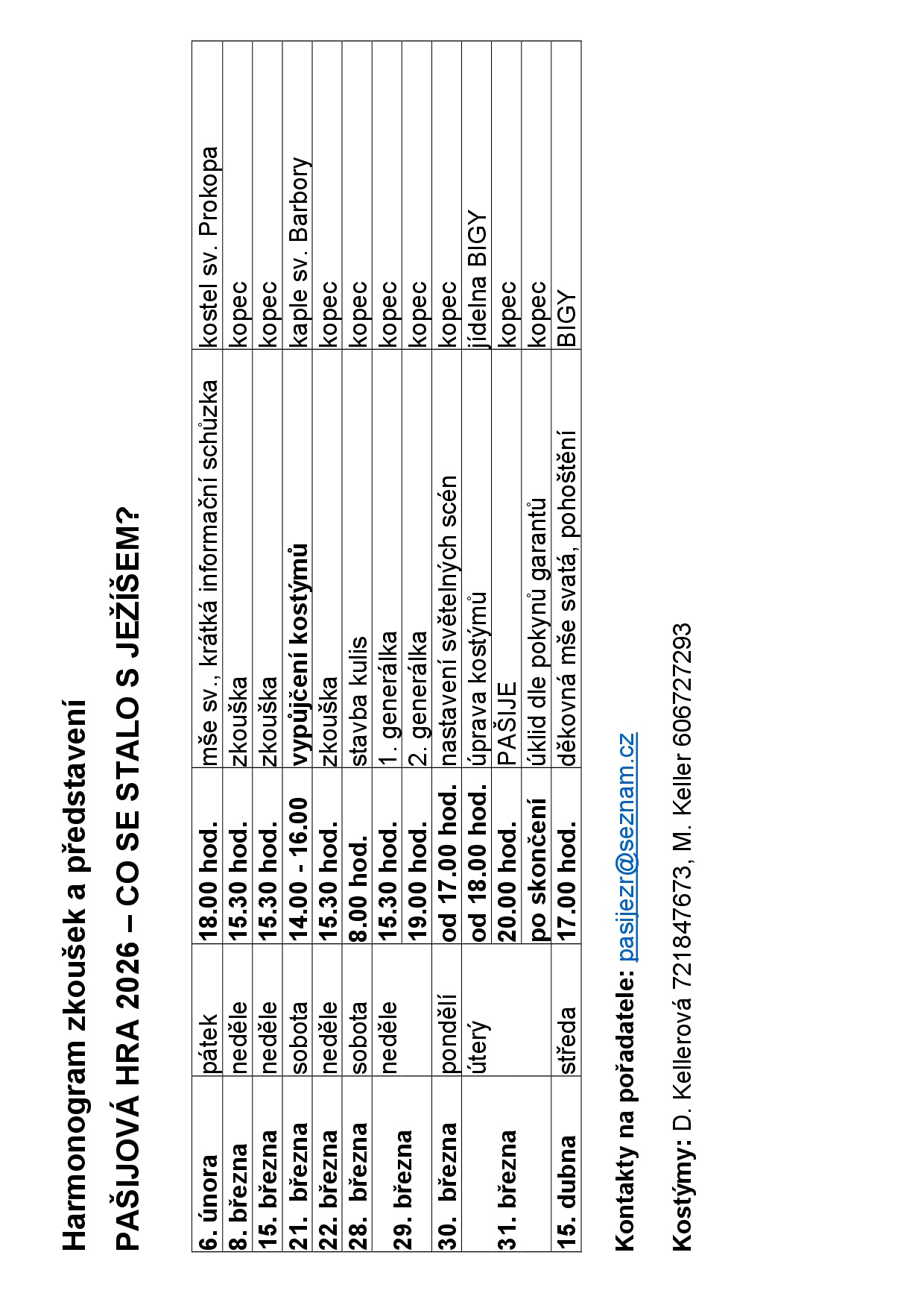 Harmonogram zkoušek a představení na šířku