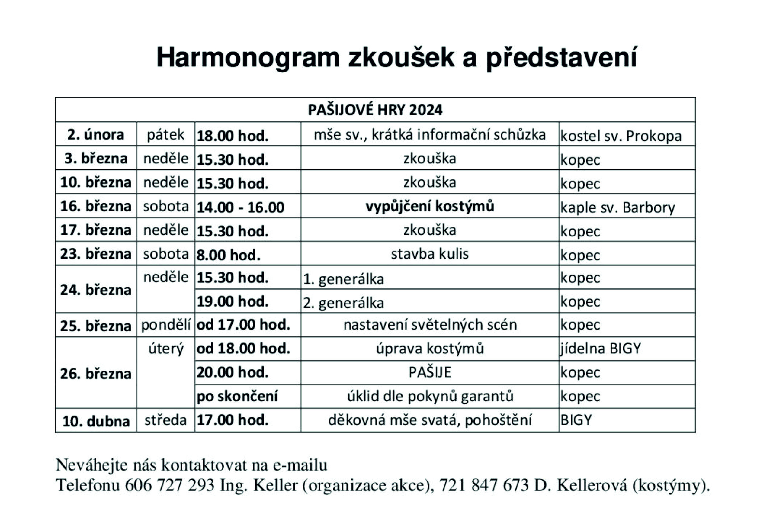 Harmonogram zkoušek Pašije 2024